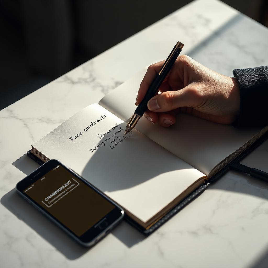 Mano che firma un patto d'investimento su un taccuino aperto, con smartphone che mostra un'allerta calma color champagne
