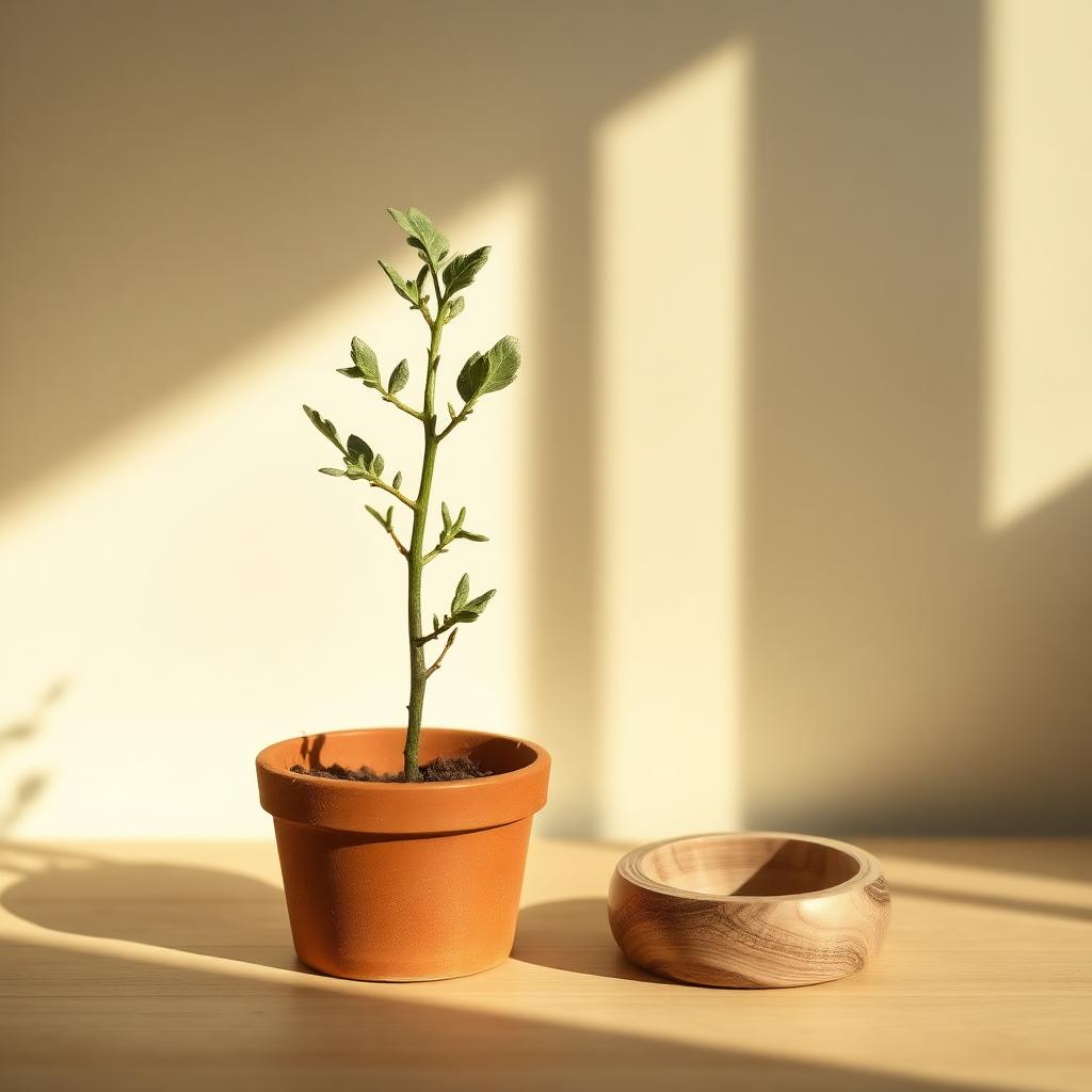 Piccola quercia in vaso di terracotta accanto a un anello di legno con visibili anelli di crescita, luce mattutina calda