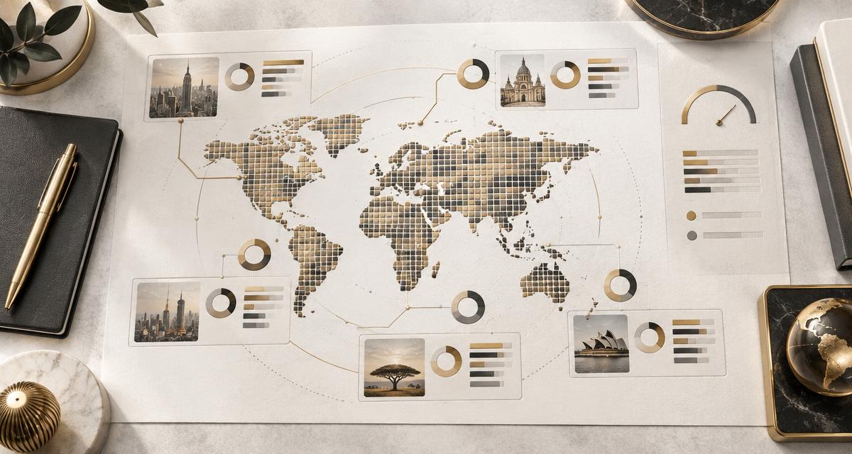Mappa mondiale composta da mercati e pesi di portafoglio, simbolo della diversificazione azionaria tramite ETF