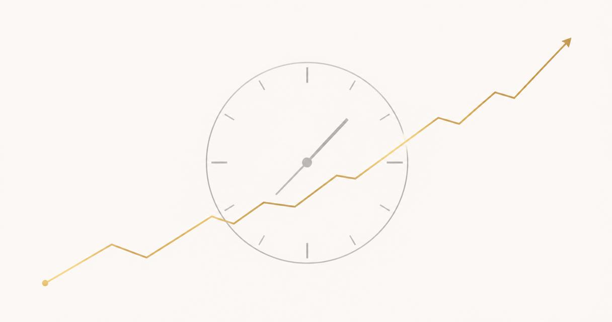 Linea dorata crescente che attraversa il quadrante di un orologio: la relazione fra tempo e decisione di investire