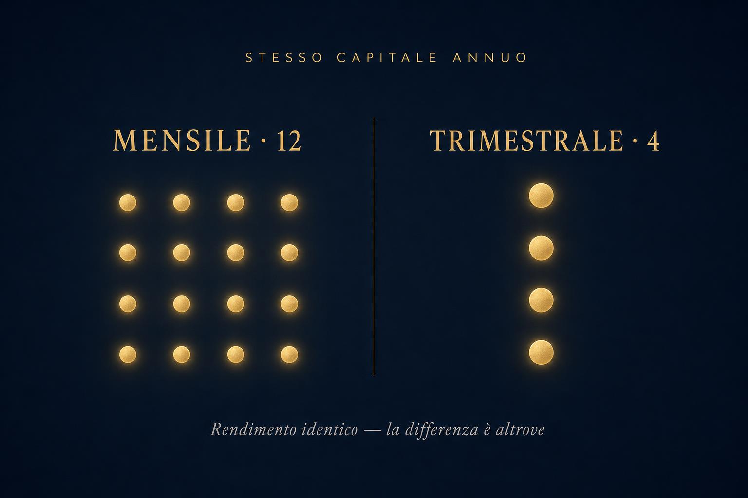 PAC mensile vs trimestrale — confronto visuale tra 12 e 4 versamenti annui a parità di capitale