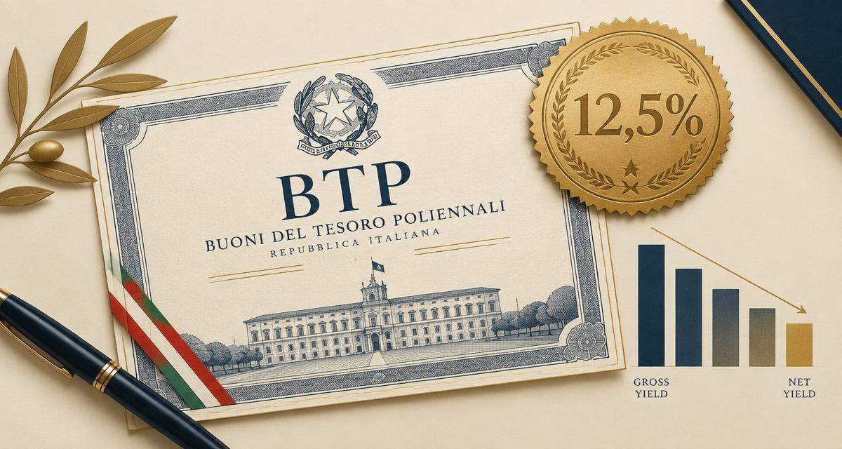 Certificato BTP della Repubblica Italiana con sigillo dorato 12,5% e grafico dal rendimento lordo al netto