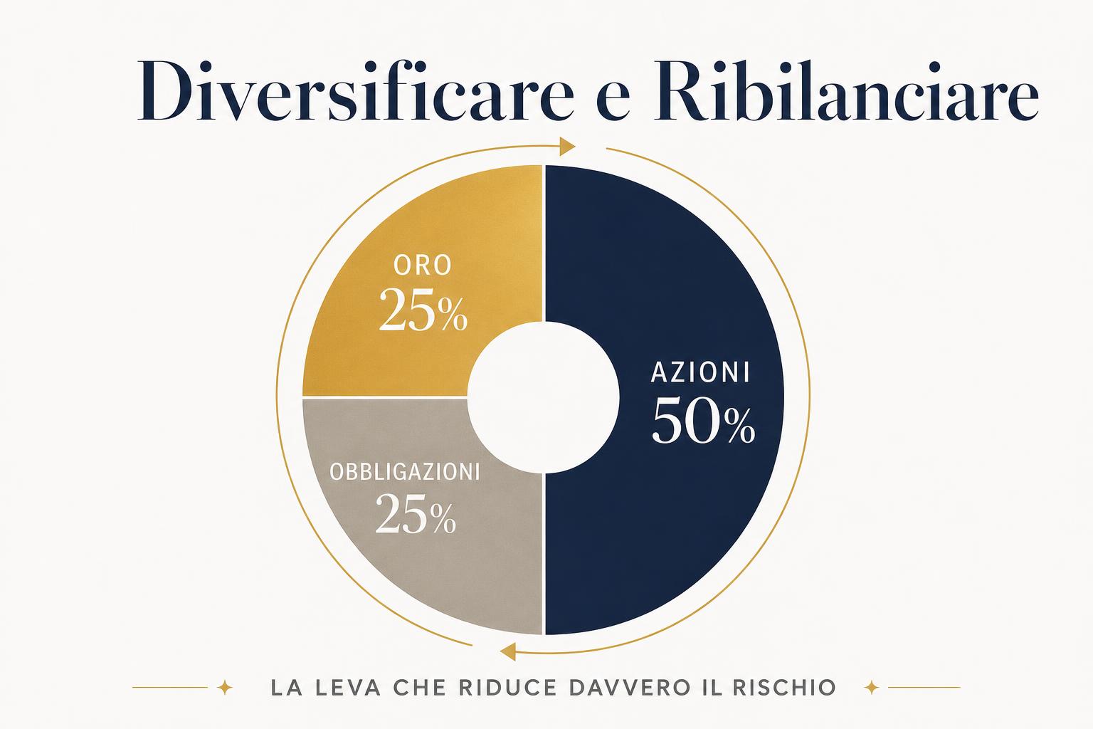 Portafoglio diversificato 50/25/25 tra azioni, oro e obbligazioni con ribilanciamento annuale