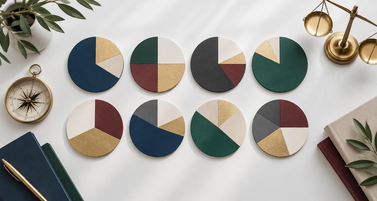 Otto composizioni di lazy portfolio rappresentate da grafici circolari, bussola e bilancia