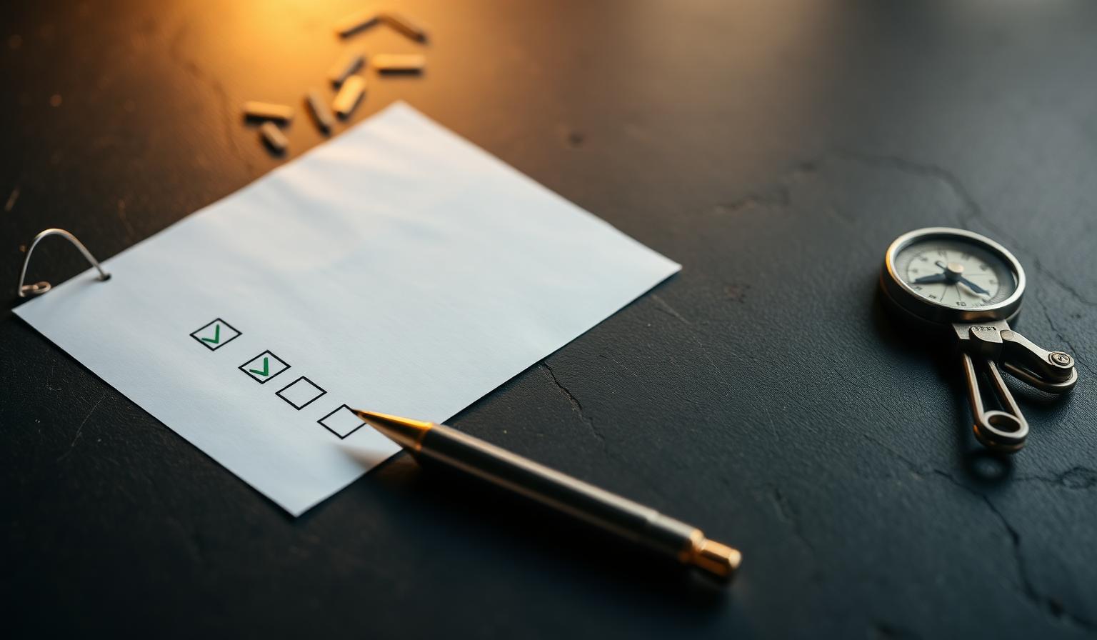 Una checklist cartacea con caselle spuntate, una penna e una bussola su una scrivania scura
